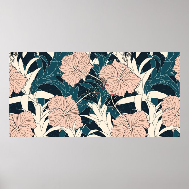 Póster Patrón tropical sin foco con hibiscus flowe rosa (Frente)