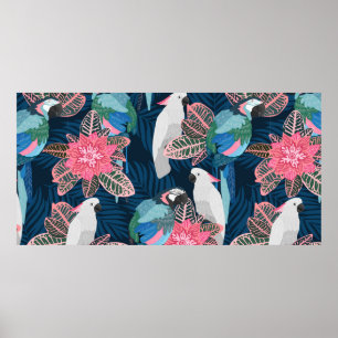 Póster Patrón tropical sin foco con loros. Ail vintage