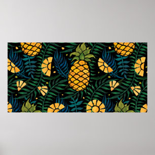 Póster Patrón tropical sin foco con piñas y palmeras