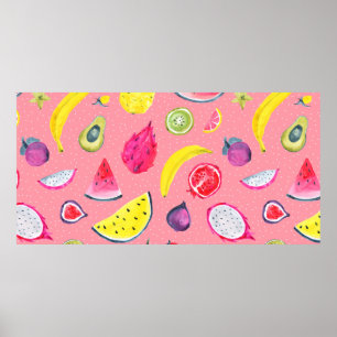 Póster Patrón tropical sin foco de fruta exótica. Hand dr
