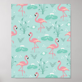 Póster Patrón verde Pastel Rosa Flamingos