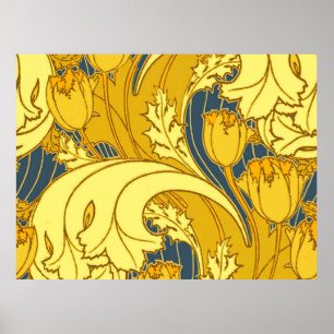Póster Patrón vintage atrevido tulipán azul dorado