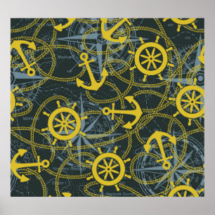 Póster Patrón vintage náutico, ancla y mapa.