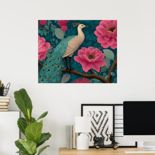 Póster Patrón violento de pavo real y floral rosa