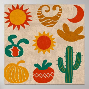 Póster Patrones bohemios juguetones soles y lunas dibujad