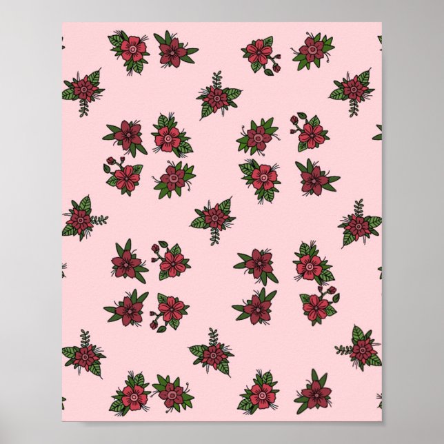 Póster Patrones de rosas, diseño adorable de rosa y rojo (Frente)