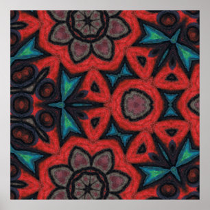 Póster Patrones florales de mandala caleidoscópico rojo y