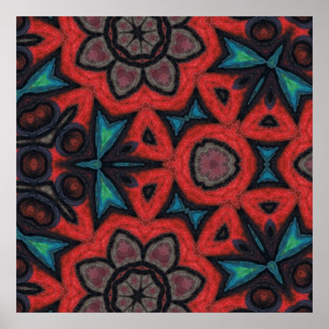 Póster Patrones florales de mandala caleidoscópico rojo y (Frente)