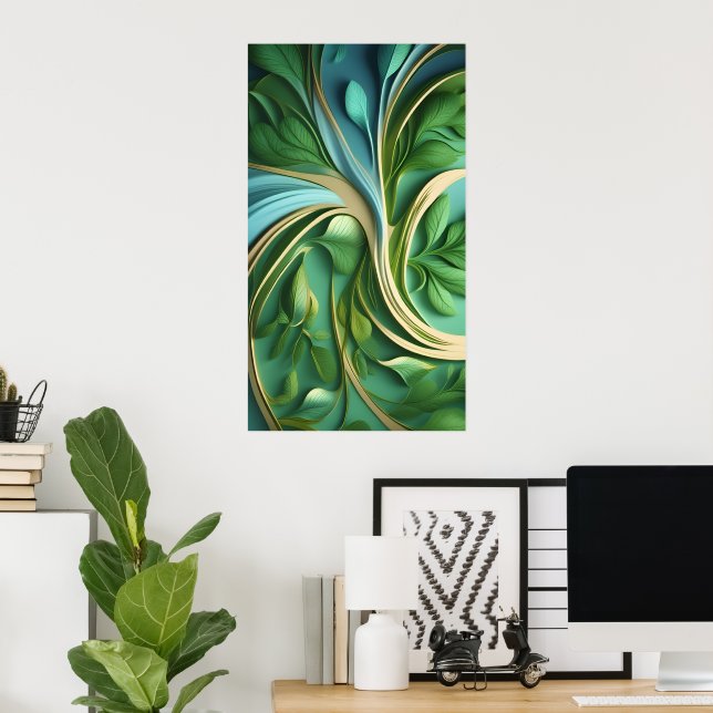 Póster Patrones giratorios de hojas verdes vibrantes (Oficina en casa)