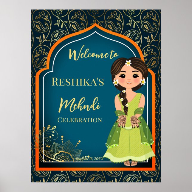 Póster Patrones Mehndi de la India árabe diseño verde ver (Frente)