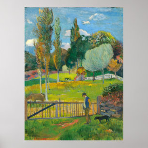 Póster Paul Gauguin Farmer y su perro cerca de una valla