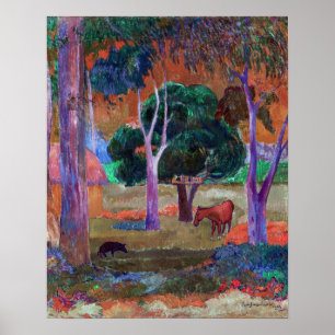Póster Paul Gauguin - Paisaje con un cerdo y un caballo