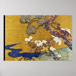 Póster Paulownias blanco y crisantemos, Sakai Hoitsu