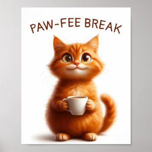 Póster Pausa de Pawfee Gato Rojizo Divertido con Café