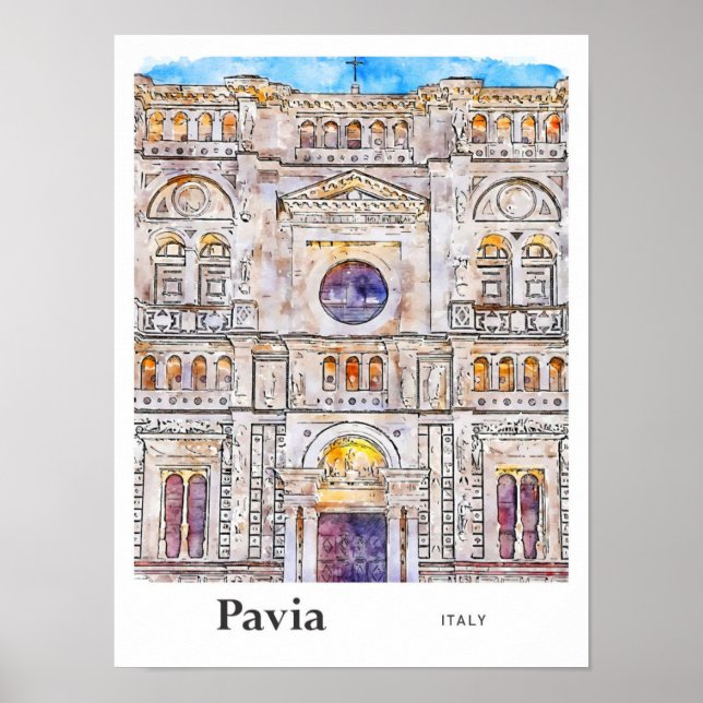 Póster Pavia Italia Trae la mano de la acuarela (Frente)