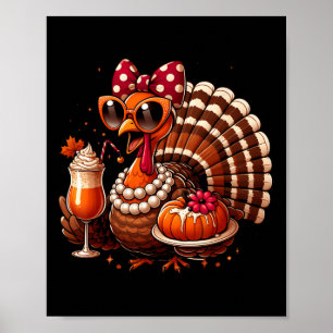 Póster Pavo bebiendo café lazo Día de Acción de Gracias m
