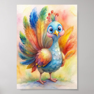 Póster Pavo caprichoso acuarela, ilustración de la natura