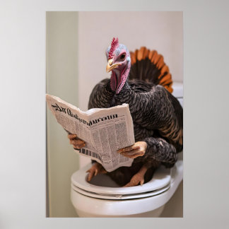Póster Pavo en inodoro impreso, leyendo periódico, divert