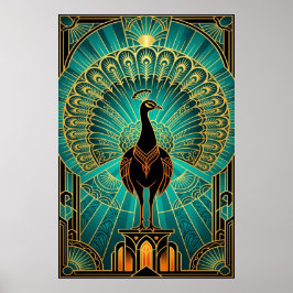 Póster Pavo real Art Deco Glamuroso Verde Azul y Dorado