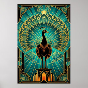 Póster Pavo real Art Deco Glamuroso Verde Azul y Dorado