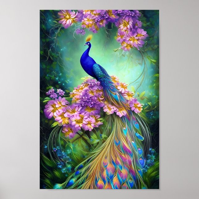 Póster pavo real azul bonito y morado floral (Frente)