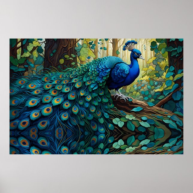 Póster Pavo real azul en el bosque (Frente)