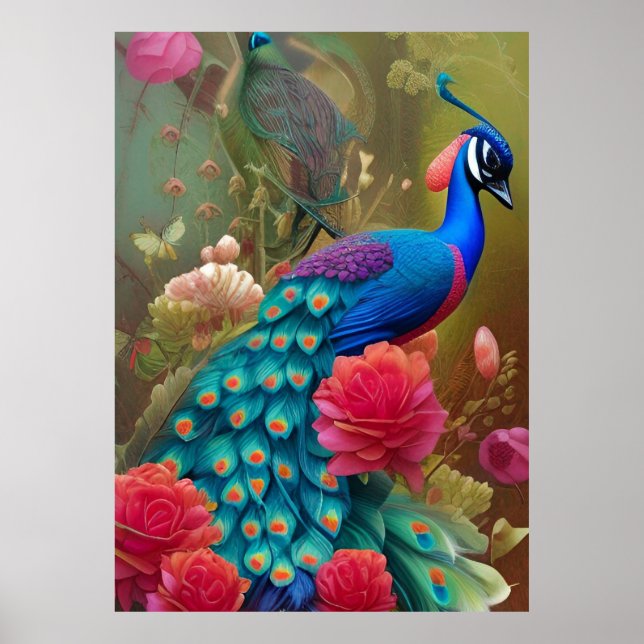Póster Pavo Real Azul en el Jardín Rosa del Corazón Rosa (Frente)