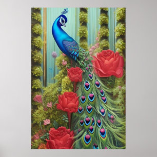 Póster Pavo Real Azul en Rosa y Jardín Fern