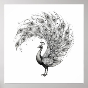 Póster Pavo real blanco y negro