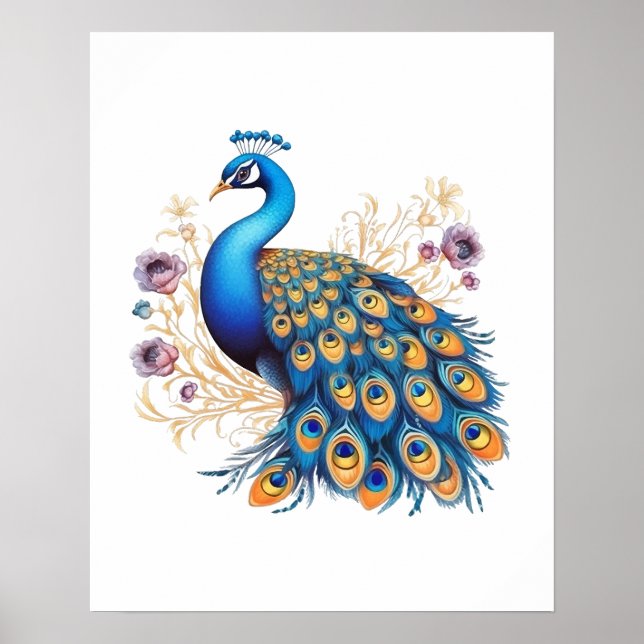 Póster Pavo Real Con Flores Moradas (Frente)