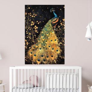 Póster pavo real con vibrante plumaje azul y dorado