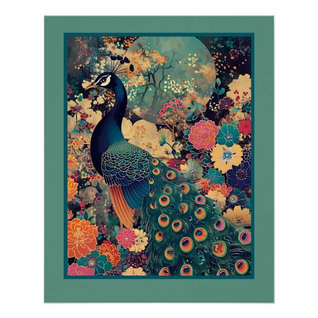 Póster Pavo real de diseño floral con luna turquesa (Anverso)