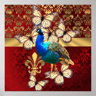 Póster Pavo real elegante del vintage y damasco rojo