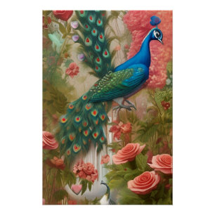 Póster Pavo real en jardín de rosas albaricoque