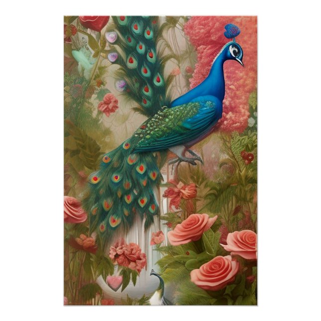 Póster Pavo real en jardín de rosas albaricoque (Anverso)