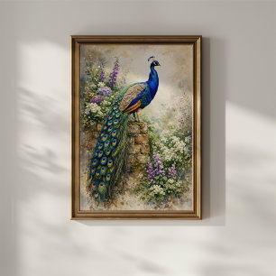 Póster Pavo real en jardín floral