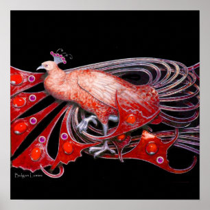 Póster PAVO REAL, rojo púrpura gris violeta negro