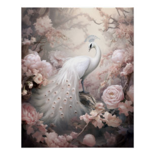 Póster Pavo Real Romántico y Flores Rosa Rubor