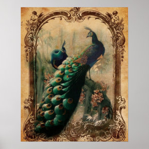 Póster pavo real victoriano con flores