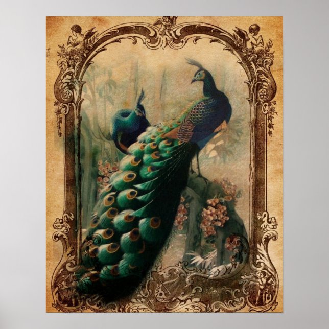 Póster pavo real victoriano con flores (Frente)