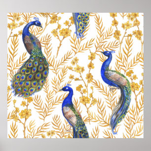 Póster pavos reales chinos, sakura dorada, acuarela.