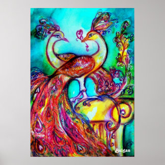 Póster PAVOS REALES ENAMORADOS, Rojo Amarillo Turquesa Az