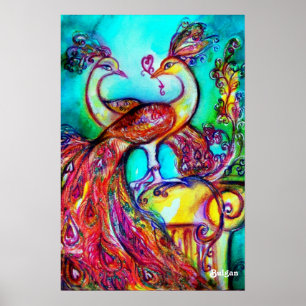 Póster PAVOS REALES ENAMORADOS, Rojo Amarillo Turquesa Az