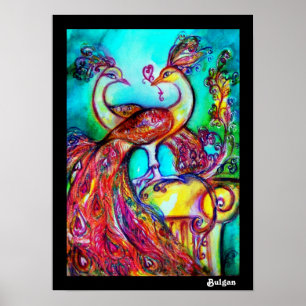 Póster PAVOS REALES ENAMORADOS, Rojo Amarillo Turquesa Az