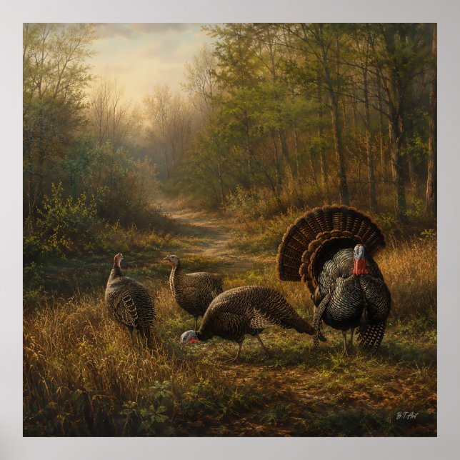 Póster Pavos salvajes en el bosque otoñal (Frente)