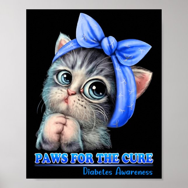 Póster Paws For Cure Diabetes Awareness Cute Cat Blue (Frente)