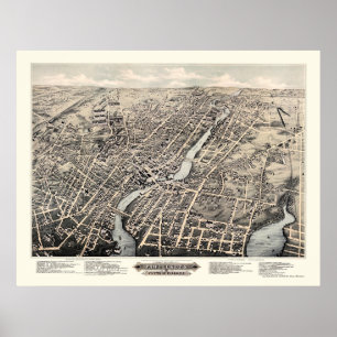 Póster Pawtucket, mapa panorámico de RI - 1877