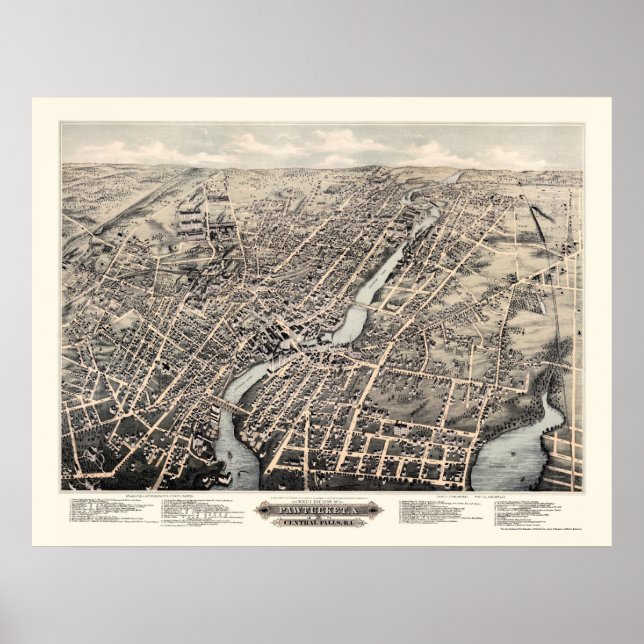 Póster Pawtucket, mapa panorámico de RI - 1877 (Frente)