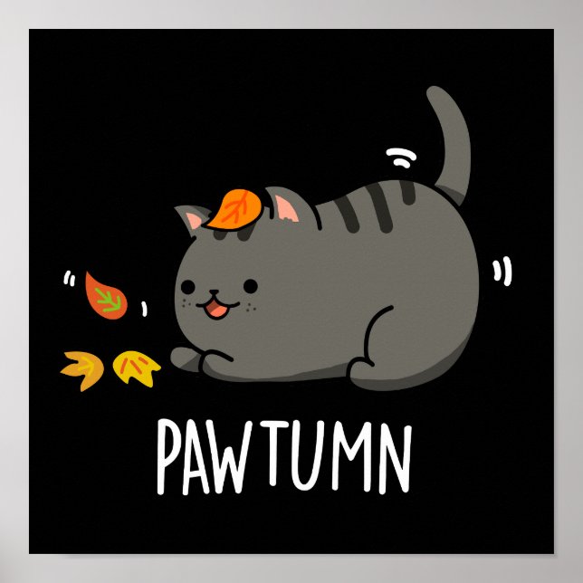 Póster Pawtumn lindo Autumn Kitty Cat Pun Dark BG (Frente)
