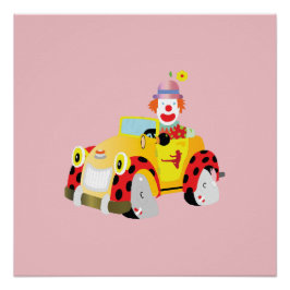 Póster payaso alegre conduce un auto amarillo llamativo